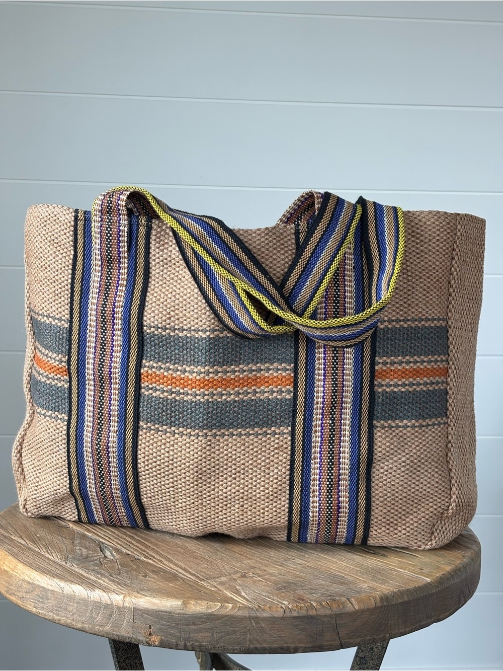 Maison Bengal Jute Club Tote Bag Shoulder Strap Handles Large Natural Tan Stripe - Picture 16 of 16
